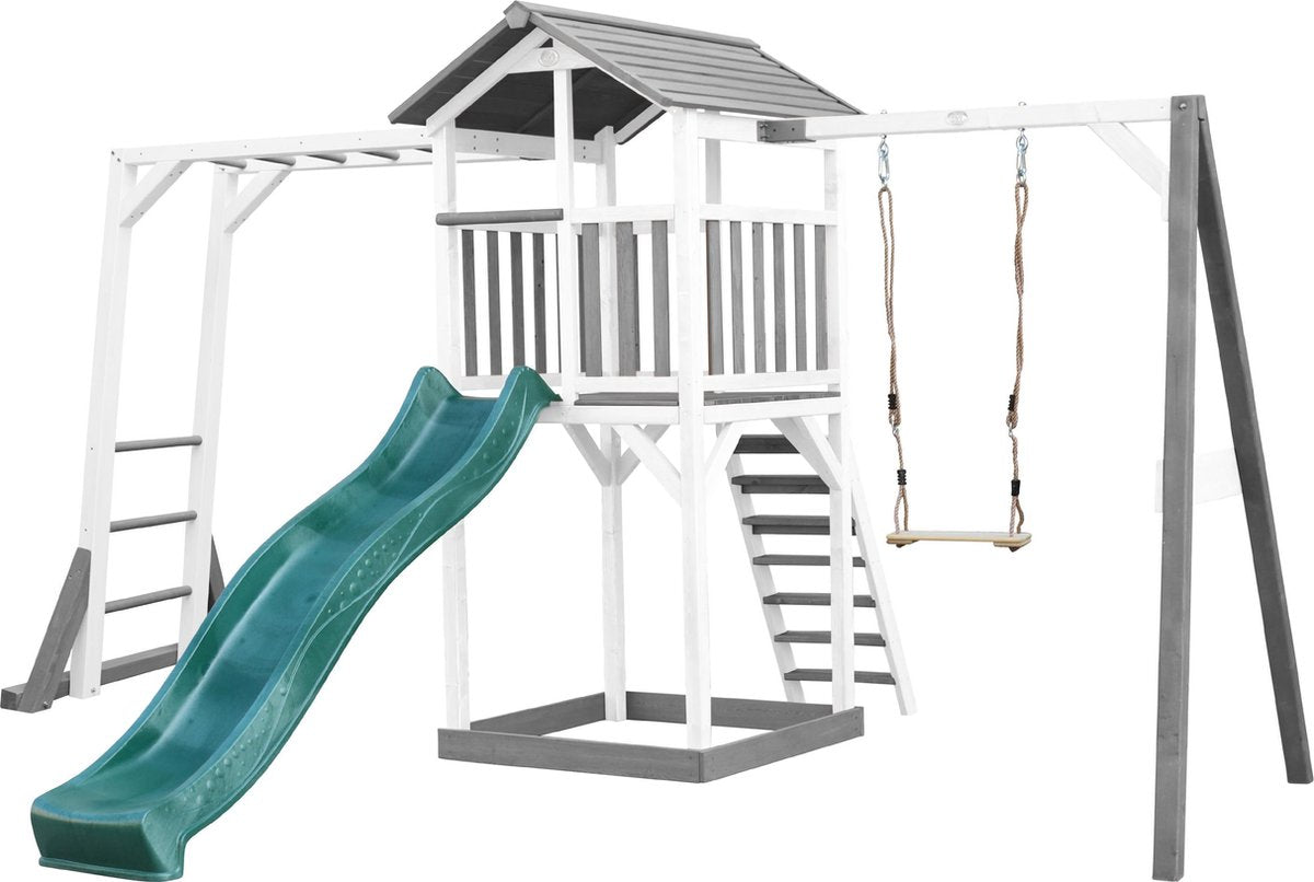 AXI Beach Tower Speeltoren met klimrek en enkele schommel Grijs/wit - Groene Glijbaan - Zandbak - FSC Hout
