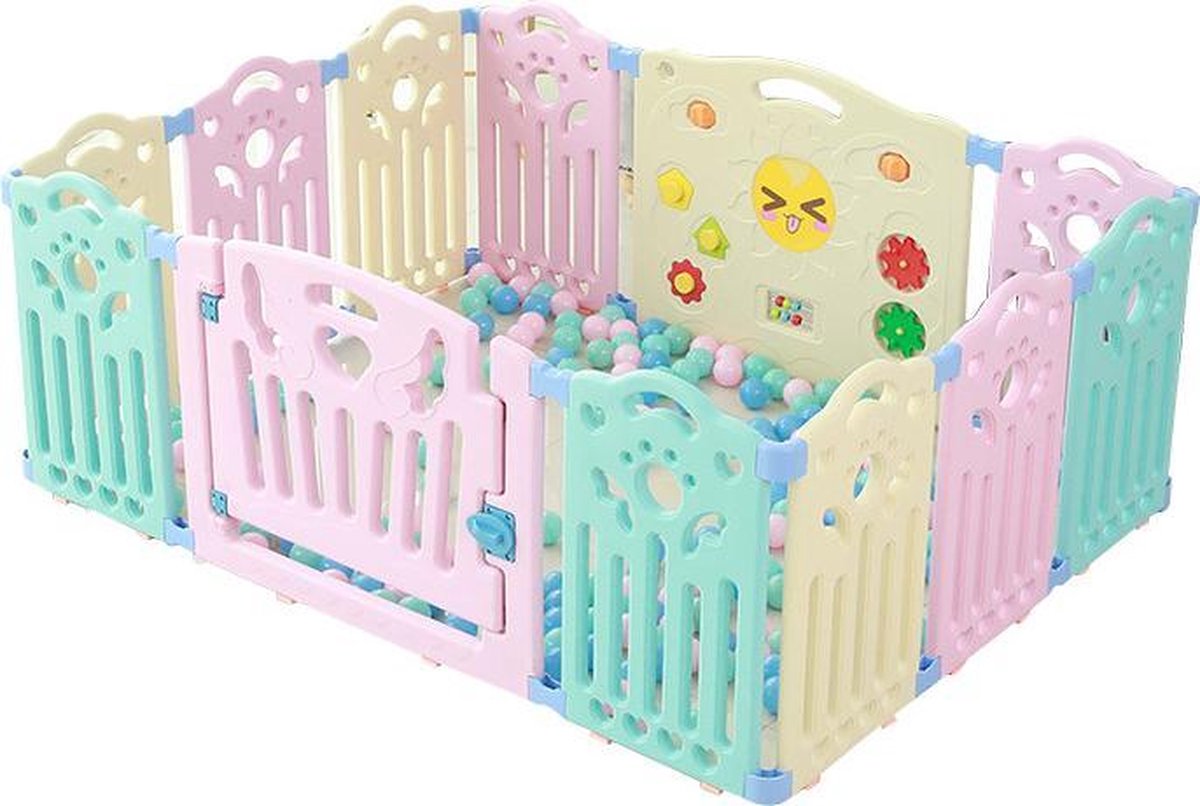 Babybox-Kinderbox - Speelbox - Boxen-Speelpen - Ballenbak - Grondbox - Kruipbox - voor Peuter en kind - Afscherming - met zuignappen - 150 x 115 cm - 10 hekjes - 1 poort met slot - 1 speelmuur