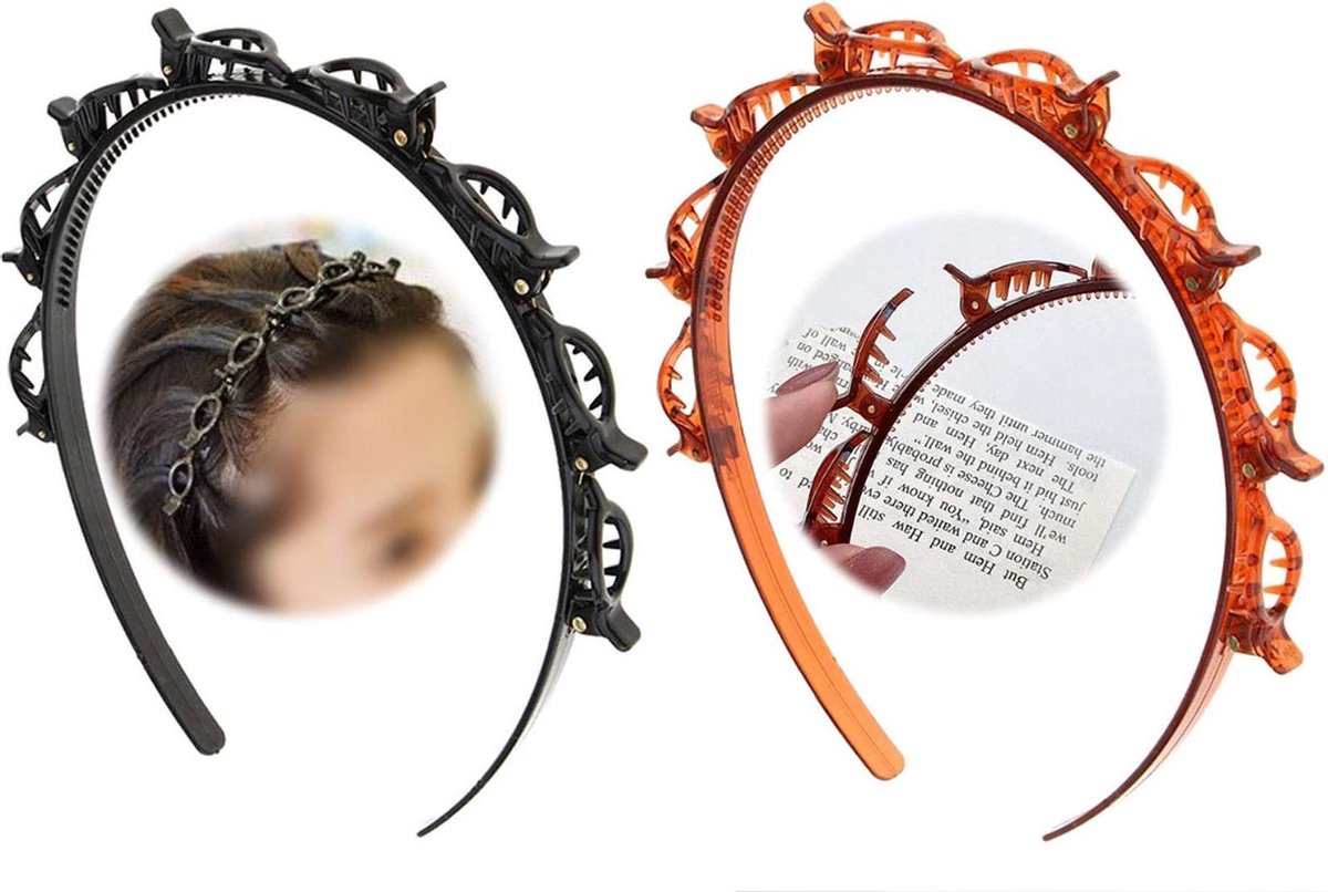 TDR - Bekend van TikTok - Dubbellaags Twist Vlecht Hoofdband/Haarband/Diadeem met clips - 1x Zwart en 1x Bruin