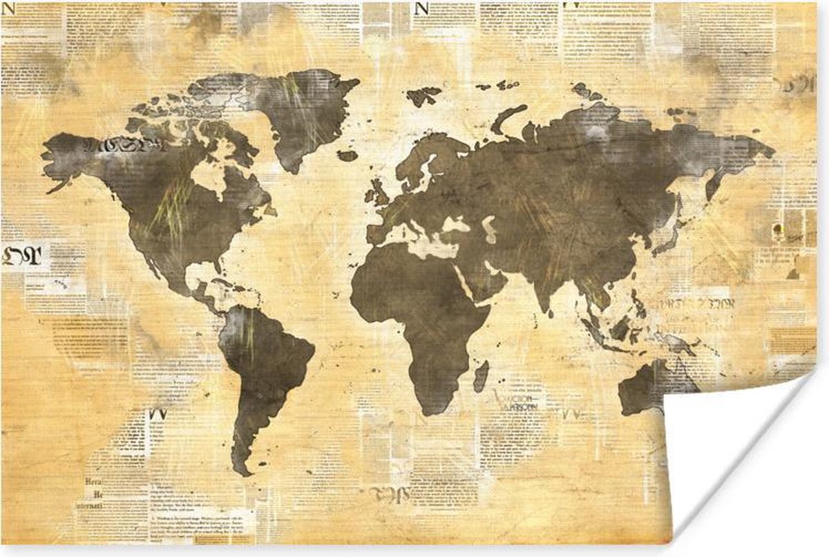 Poster Wereldkaart - Krant - Gouden - 180x120 cm XXL