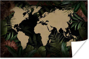 Wanddecoratie - Wereldkaart - Bladeren - Bloemen - 60x40 cm - Poster