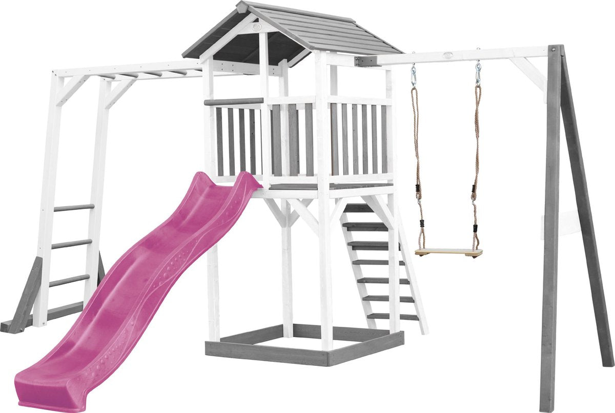 AXI Beach Tower Speeltoren met klimrek en enkele schommel Grijs/wit - Paarse Glijbaan - Zandbak - FSC Hout