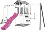 AXI Beach Tower Speeltoren met klimrek en enkele schommel Grijs/wit - Paarse Glijbaan - Zandbak - FSC Hout