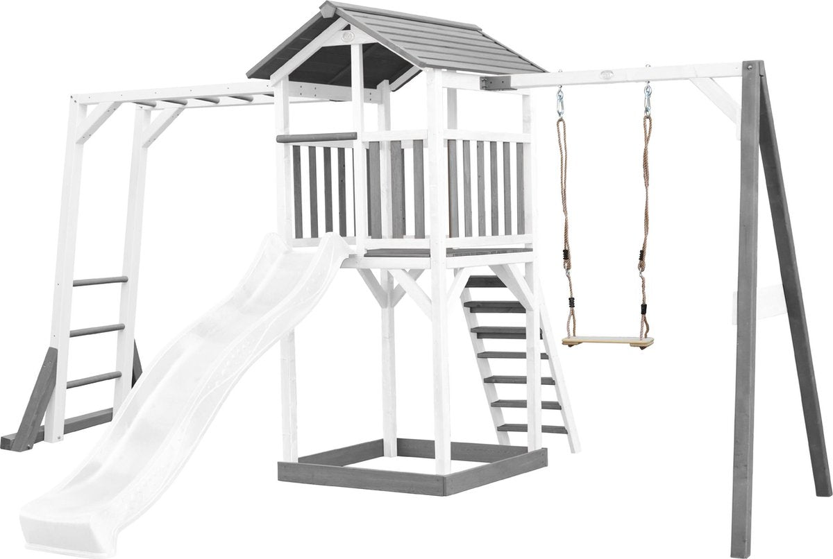 AXI Beach Tower Speeltoren met klimrek en enkele schommel Grijs/wit - Witte Glijbaan - Zandbak - FSC Hout