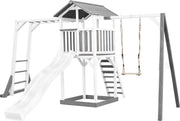 AXI Beach Tower Speeltoren met klimrek en enkele schommel Grijs/wit - Witte Glijbaan - Zandbak - FSC Hout