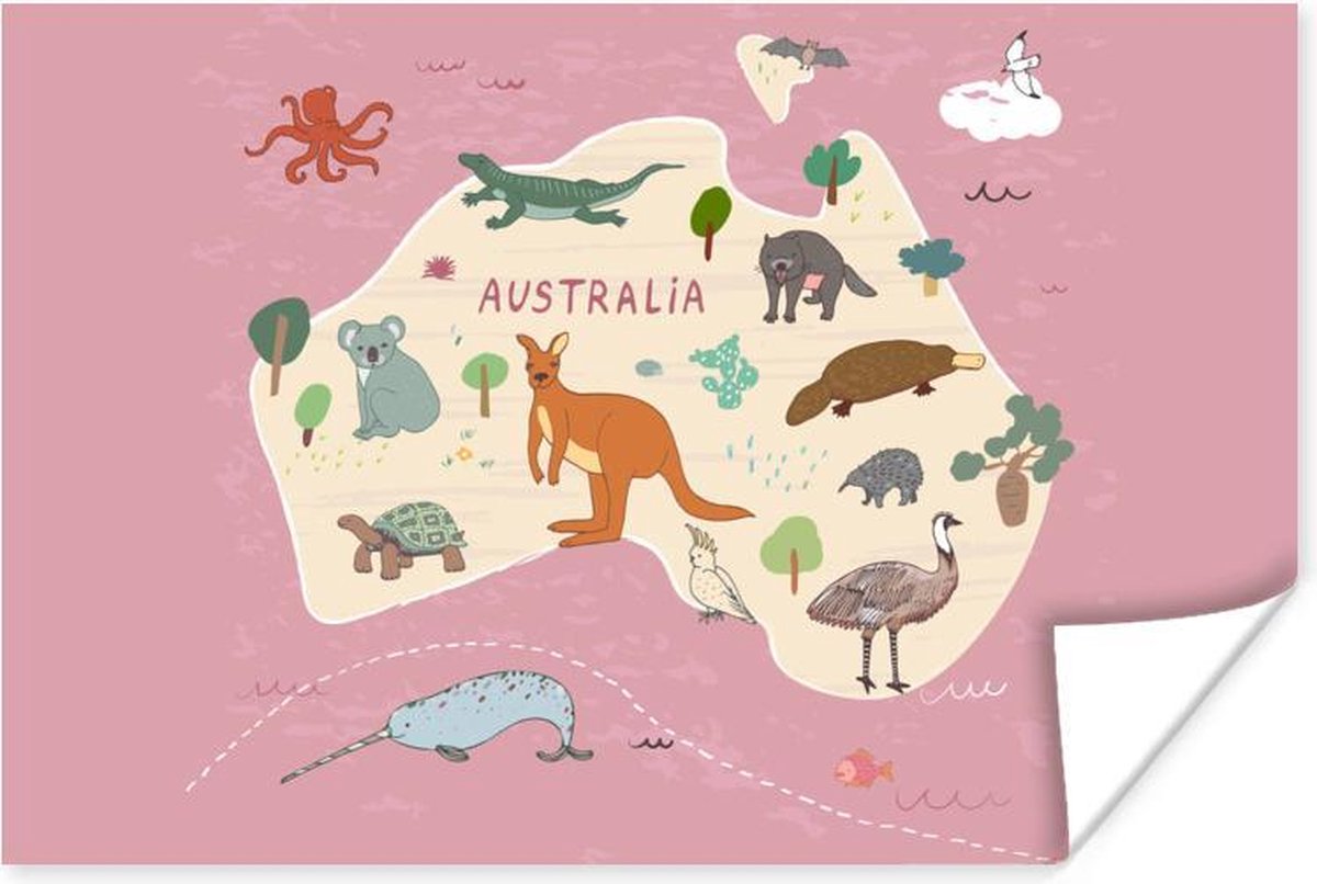 Australië - Wereldkaart kinderen - Dieren - Schoolplaat - Kinderkamer - 90x60 cm