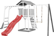 AXI Beach Tower Speeltoren met klimrek en enkele schommel Grijs/wit - Rode Glijbaan - Zandbak - FSC Hout