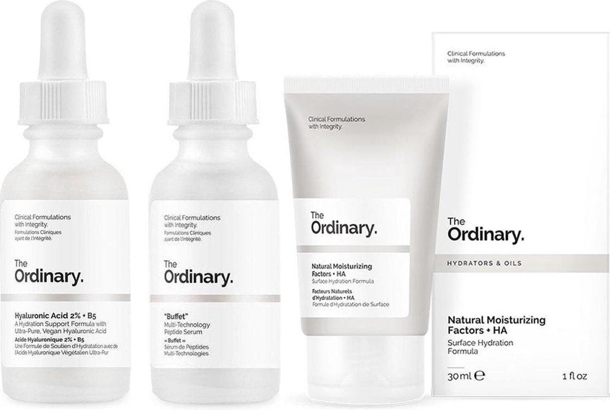 Tripple skincare set The Ordinary | Ordinary Buffet - Multi-Technology Peptide | Ordinary Hyaluronic Acid 2% + B5 | Natural Moisturising Factors + HA | Ochtend routine tegen anti-aging voor een strakkere huid