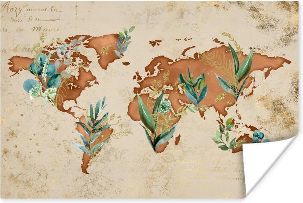 Wanddecoratie - Wereldkaart - Papyrus - Planten - 60x40 cm - Poster