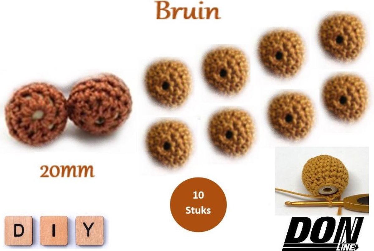 DONLINE – Bruin Ronde Gehaakte DIY Houten Kralen 20mm met 4mm gaatje - Houten Gehaakte Kralen - Speenkoord Kralen - Kralen baby - Rijgkralen – Kralen rijgen - Speenkoord Maken – Hobby Kralen – DIY Gehaakte Kralen – Crochet Wooden Beads