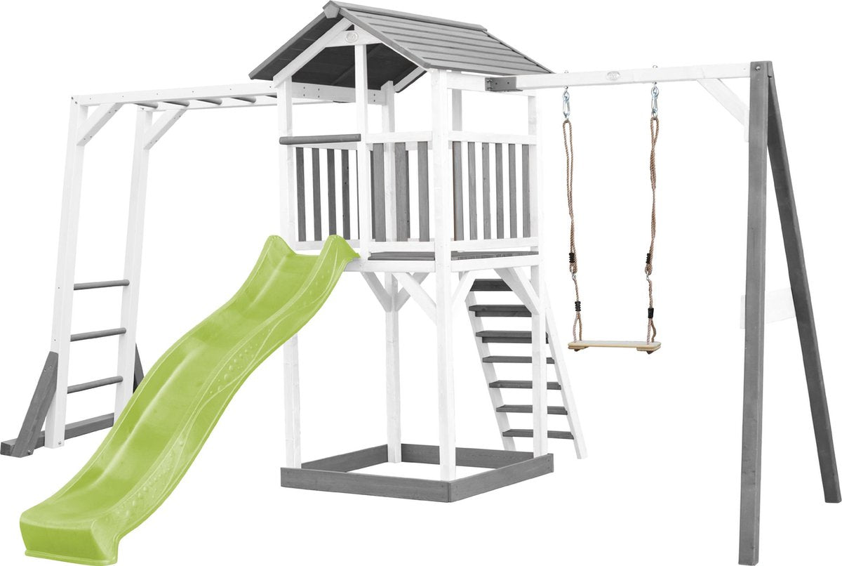 AXI Beach Tower Speeltoren met klimrek en enkele schommel Grijs/wit - Limoen Groene Glijbaan - Zandbak - FSC Hout