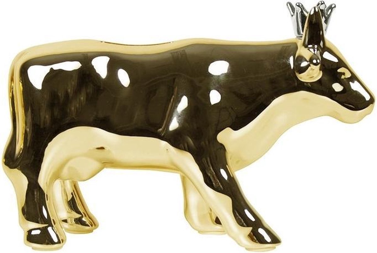 Spaarpot koe goud met kroon 18 cm - Dieren kado spaarpotten boerderij dieren gouden koeien 18 cm