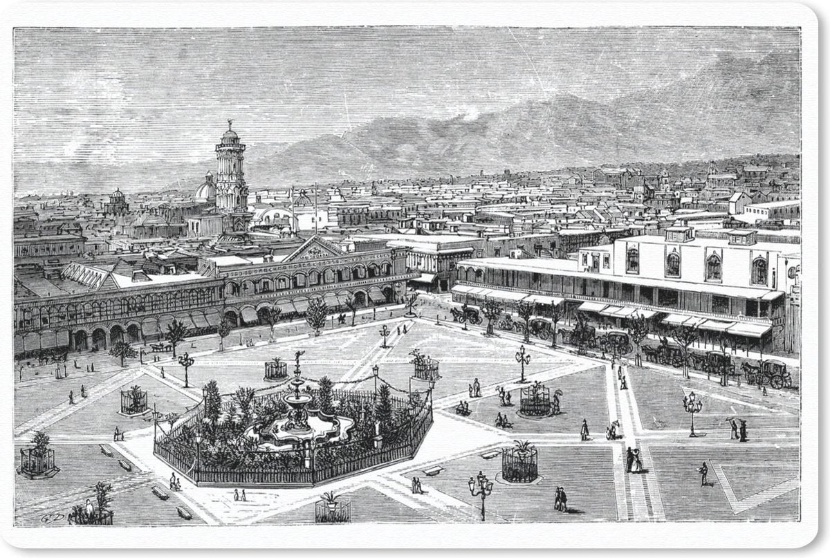 Bureau mat - Zwart-witte illustratie van Plaza de Armas in Lima - 60x40