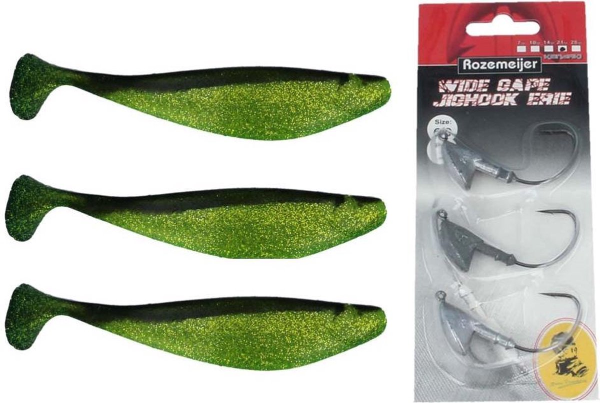 3x Jighead 28 gram + 3x Shad 23 cm 9 inch chartreuse shine black back