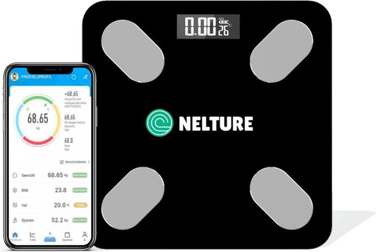 Weegschaal personenweegschaal met lichaamsanalyse - SMART weegschaal - digitale personenweegschaal - met bluetooth en app - slimme weegschaal met persoonlijke app - lichaamsgewicht - vetpercentage - Nelture - zwart