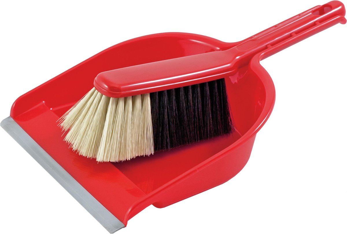 2x Een set van stoffer en blik rood kunststof