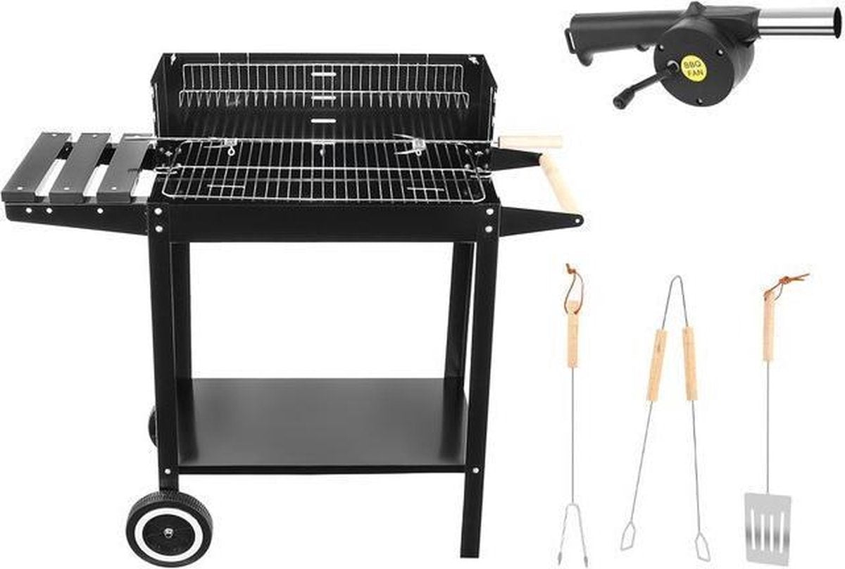 BBQ Grill - Tuin Barbecue - Houtskool Barbecue - Tuin - Houtskoolgrill - Houtskoolbarbecues met Accessoires - Smoker Grill - Roestvrij Staal - Houtskoolbarbecue - Grillwagen - Verrijdbaar - Zwart
