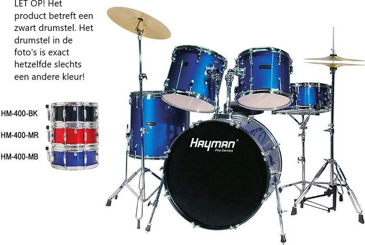 Hayman Drumstel - Beginner Drumstel - compleet drumstel - akoestisch drumstel - drumstel voor kinderen - drumstel voor volwassenen - Zwart drumstel - drumstel met bekkens