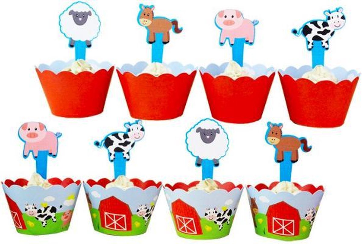 ProductGoods - 12 Stuks Boerderij Dieren Mini Cupcake Bakjes + 12 Cupcake Boerderij Dieren Versiering - Kinderen - Kinderfeestje - Party - Taart Decoraties - Verjaardag Decoratie - Happy Birthday - Boerderij - Omslagen - Omslag - mini cupcake vormpje