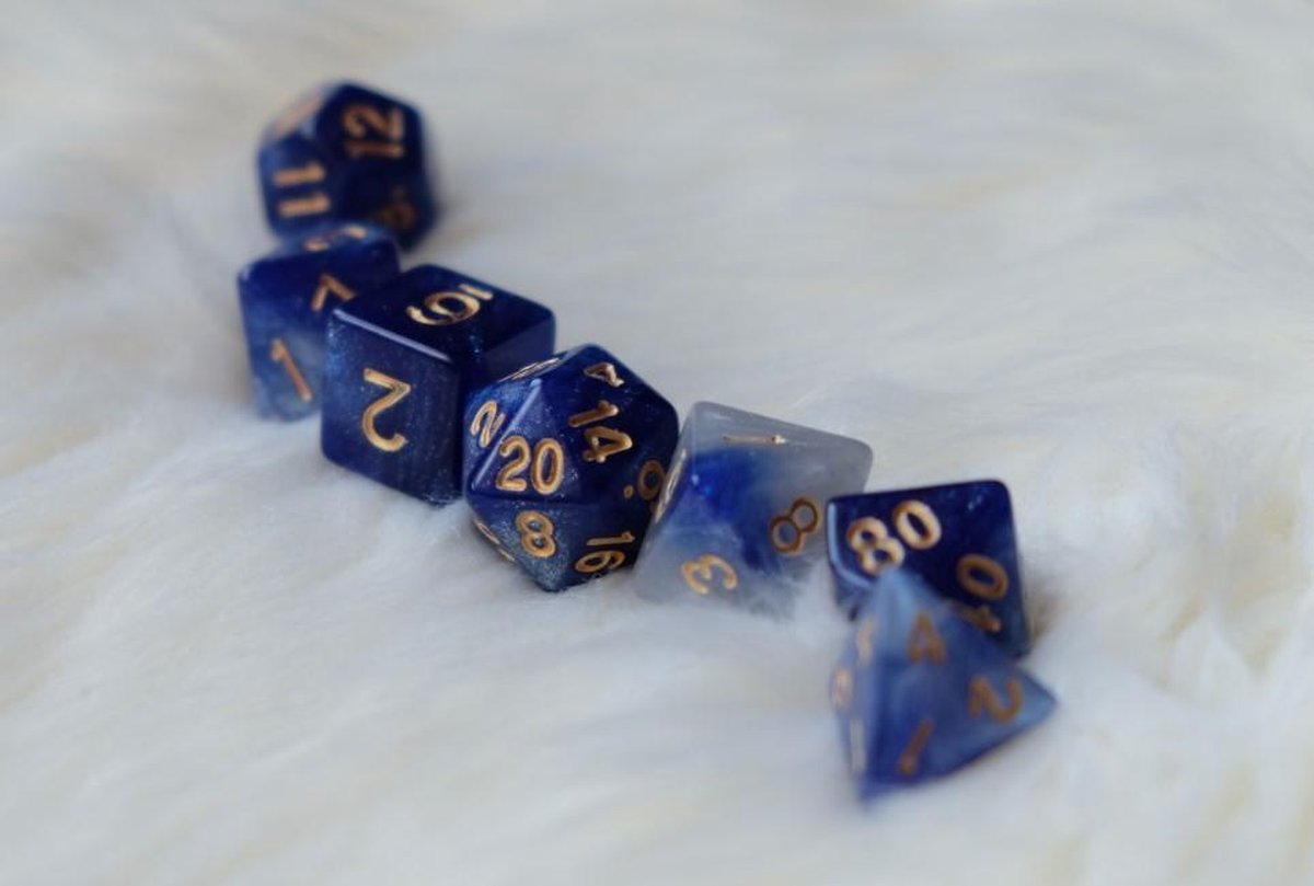Polyset Dice | Dobbelstenen - Set Van 7 Stuks - Blauw Wit Glitters en Goud | Polydice | Voor D&D en Andere Rollenspellen | Plastic Dobbelstenen Set voor Dungeons and Dragons | Polyhedral Dice Set