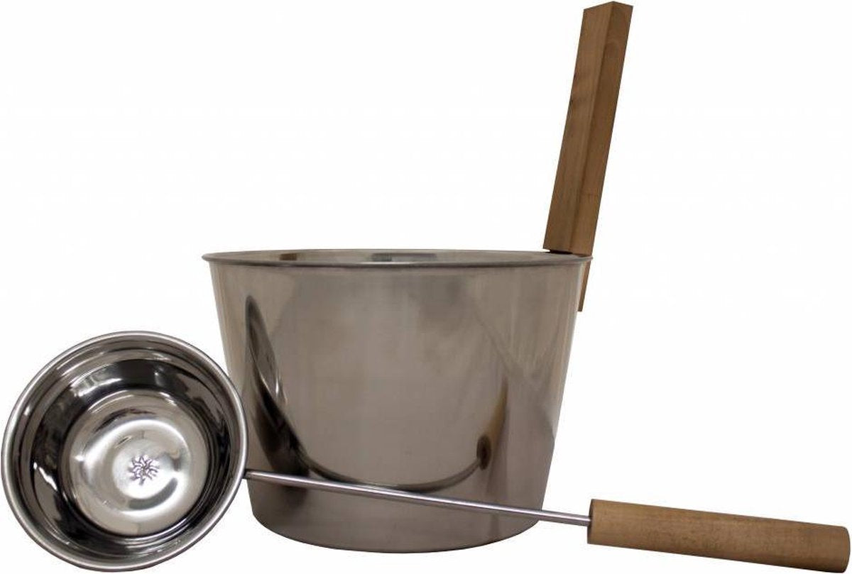 Stalen sauna emmer met gelakt houten handvat van spar. inclusief een stalen lepel met houten handvat. inhoud 3 liter