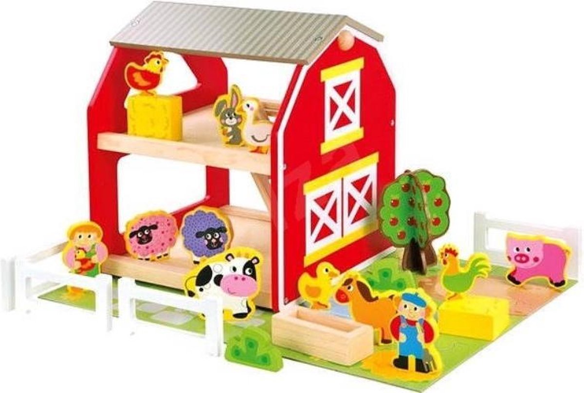 Houten boerderij Isidor inclusief puzzelondergrond en speelfiguren.