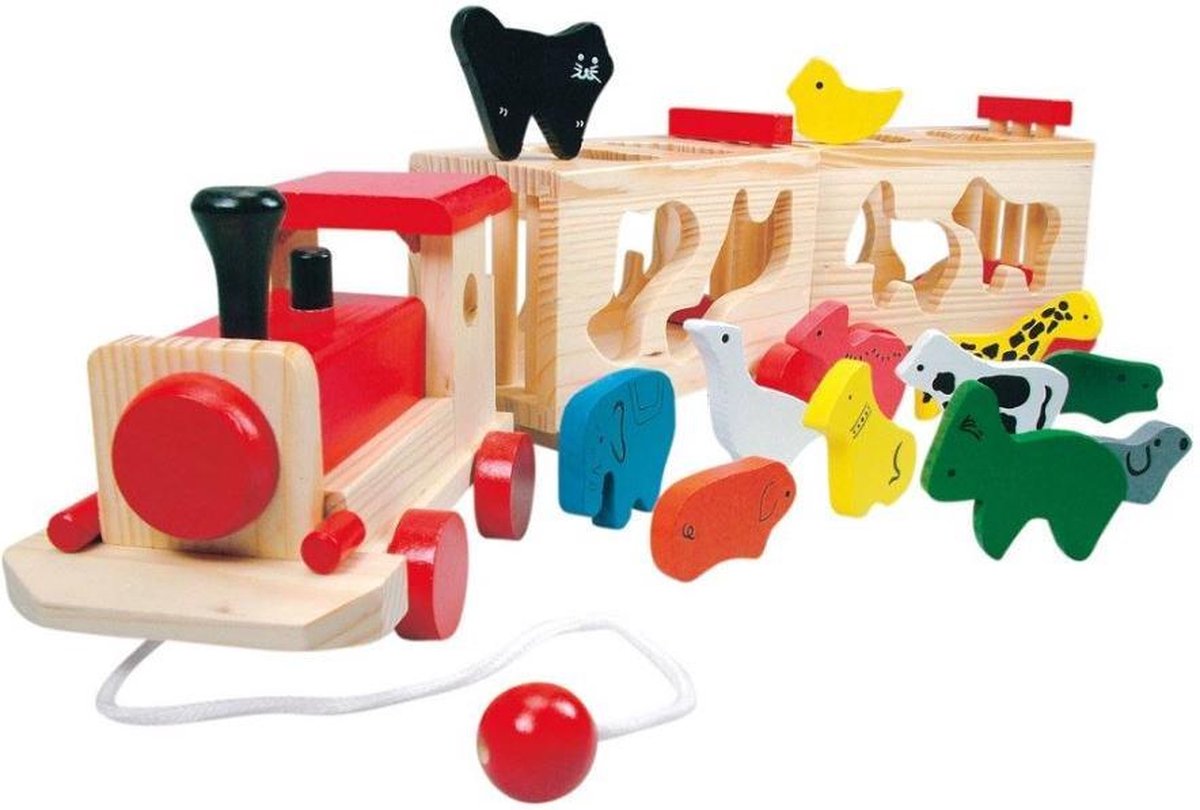 Bino Trekfiguur Trein Met Dieren Junior 66 Cm Hout 14-delig