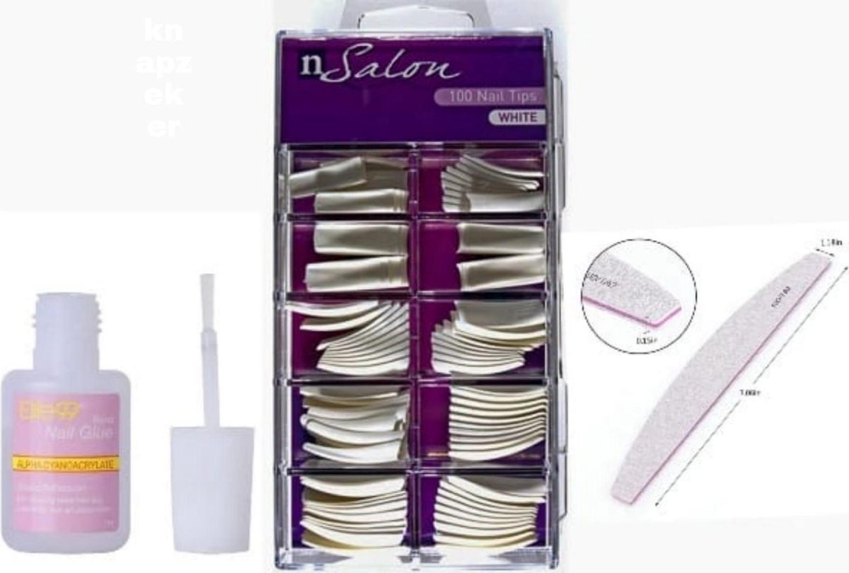 N Salon 100 white Nailtips nageltips met lijm nagellijm +nagelvijl + doos
