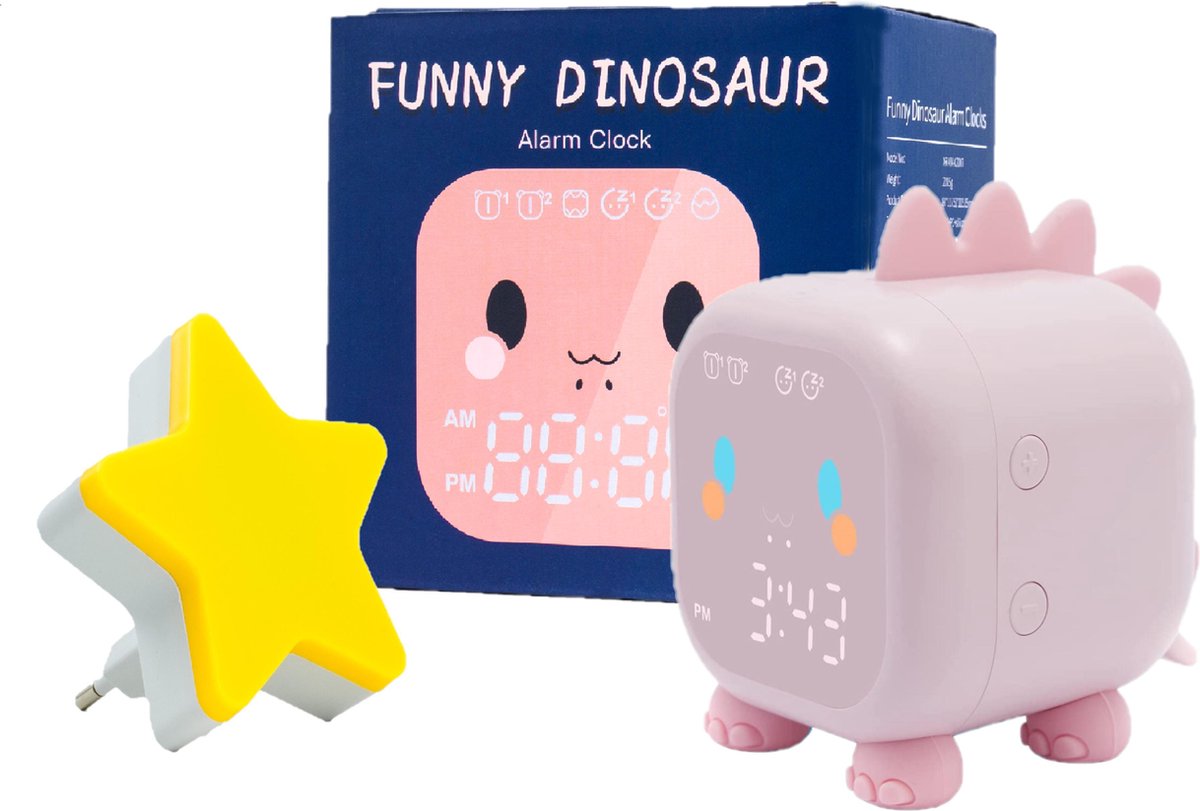 O'mellie Slaaptrainer - Wekker - Slaaptrainer voor kinderen - Met nachtlamp - Dino Roze - Inclusief ster nachtlampje