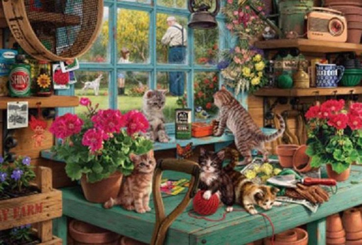Mini Puzzel - Mini Stukjes - 150 Stuks - Spelende Katten in Tuinhuisje - 15
