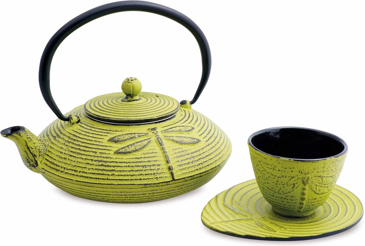 Theepot - Gietijzer theepot + kopje met onderzetter - Gietijzeren theepot - Dragonfly - 800 ml - Groen