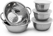 relaxdays Schalenset roestvrij staal - kommenset - deksel - vergiet - slakom - stapelbaar