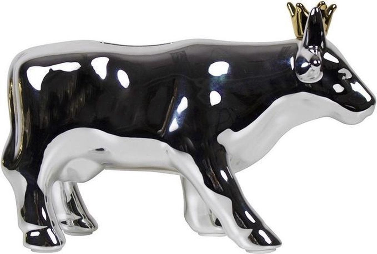 Spaarpot koe zilver met kroon 18 cm - Dieren kado spaarpotten boerderij dieren zilveren koeien 18 cm