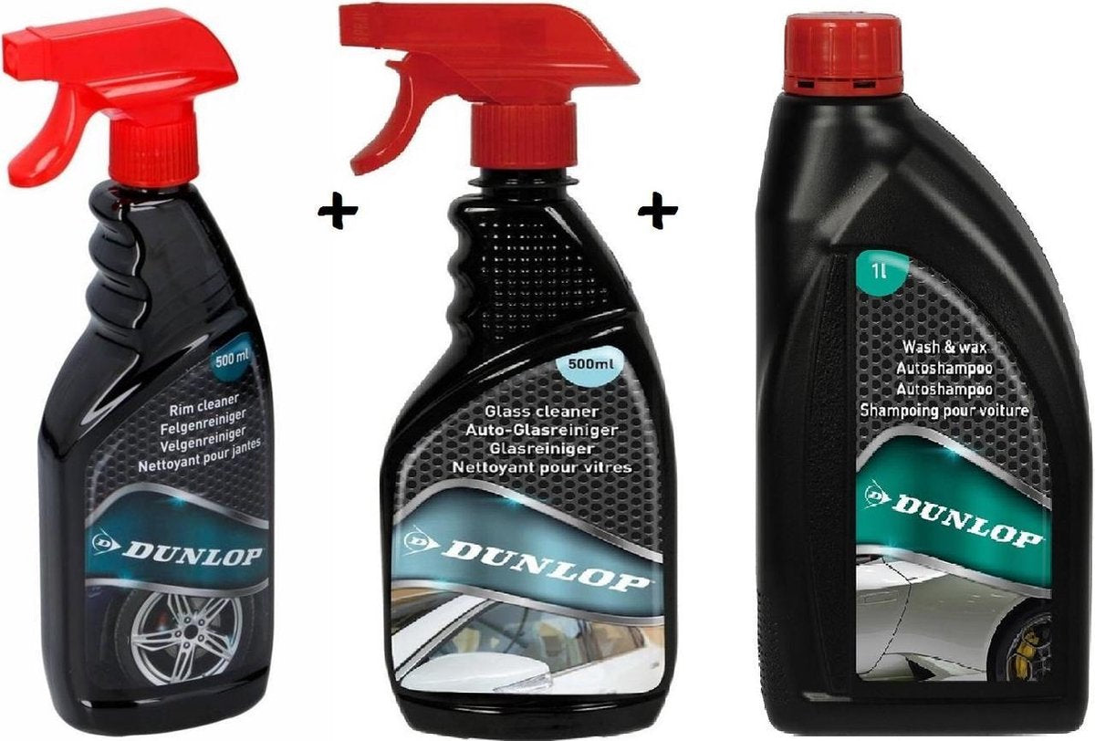 Car Care Set Dunlop-3delig-velgcleaner 500ml+glascleaner 500ml+Autoshampoo 1L