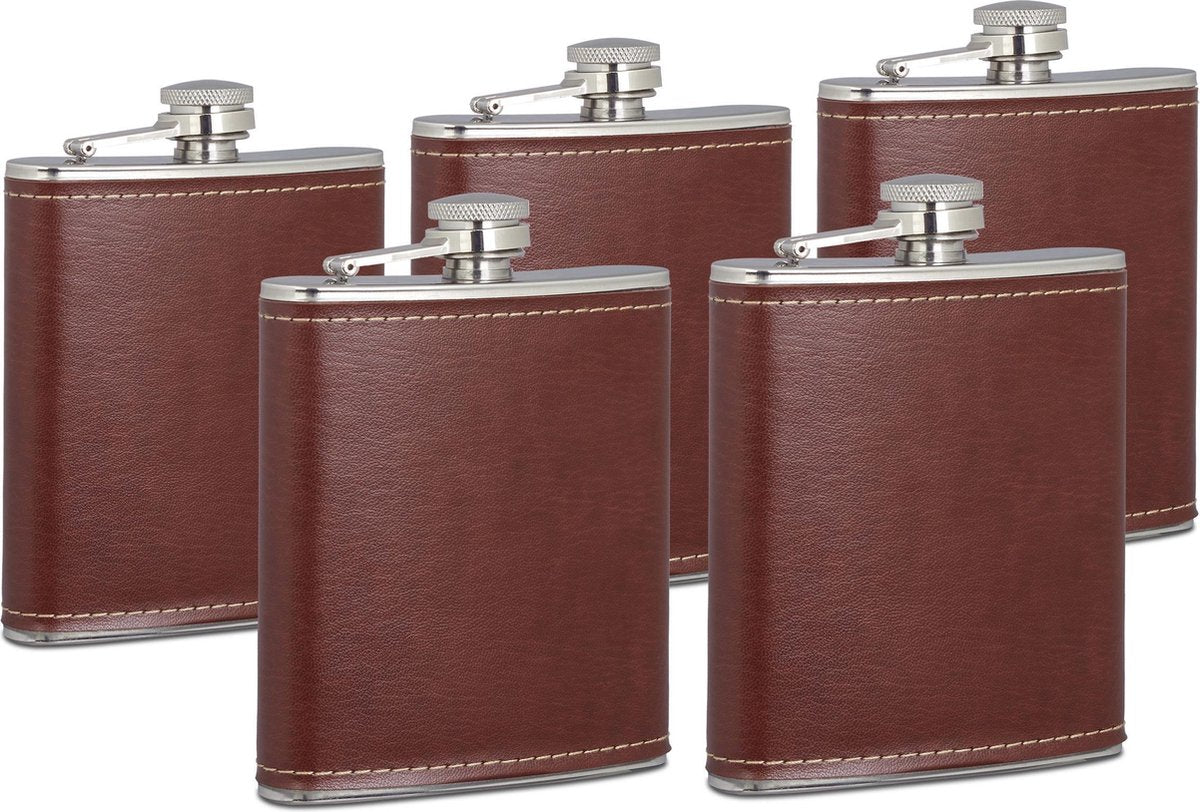relaxdays 5 x heupfles 200ml - roestvrij staal met kunstleder - platvink voor onderweg