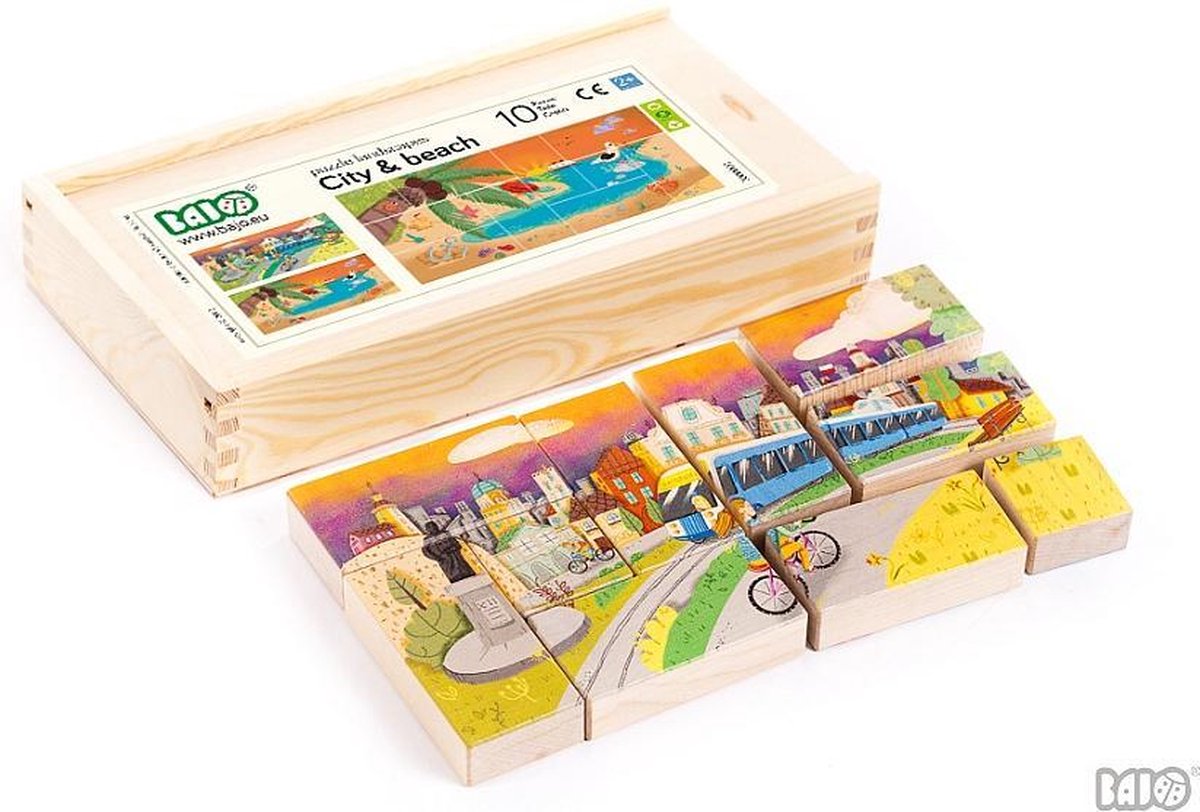 Bajo dubbelzijdige houten puzzel Stad & Strand - 10 stukjes
