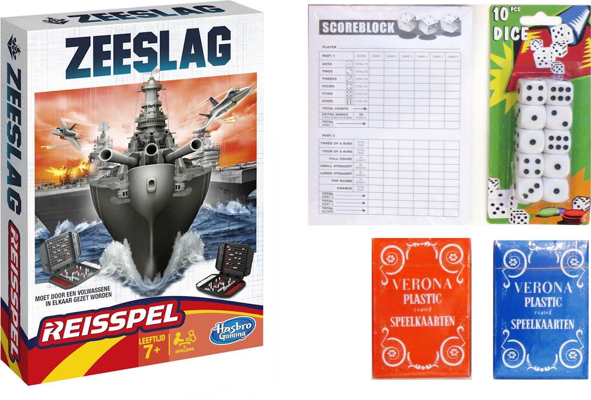 Vakantie Reis spelletjes pakket. Spel Zeeslag reis editie – Yatzee score kaarten – 10 dobbelstenen – 2 pakken speelkaarten.