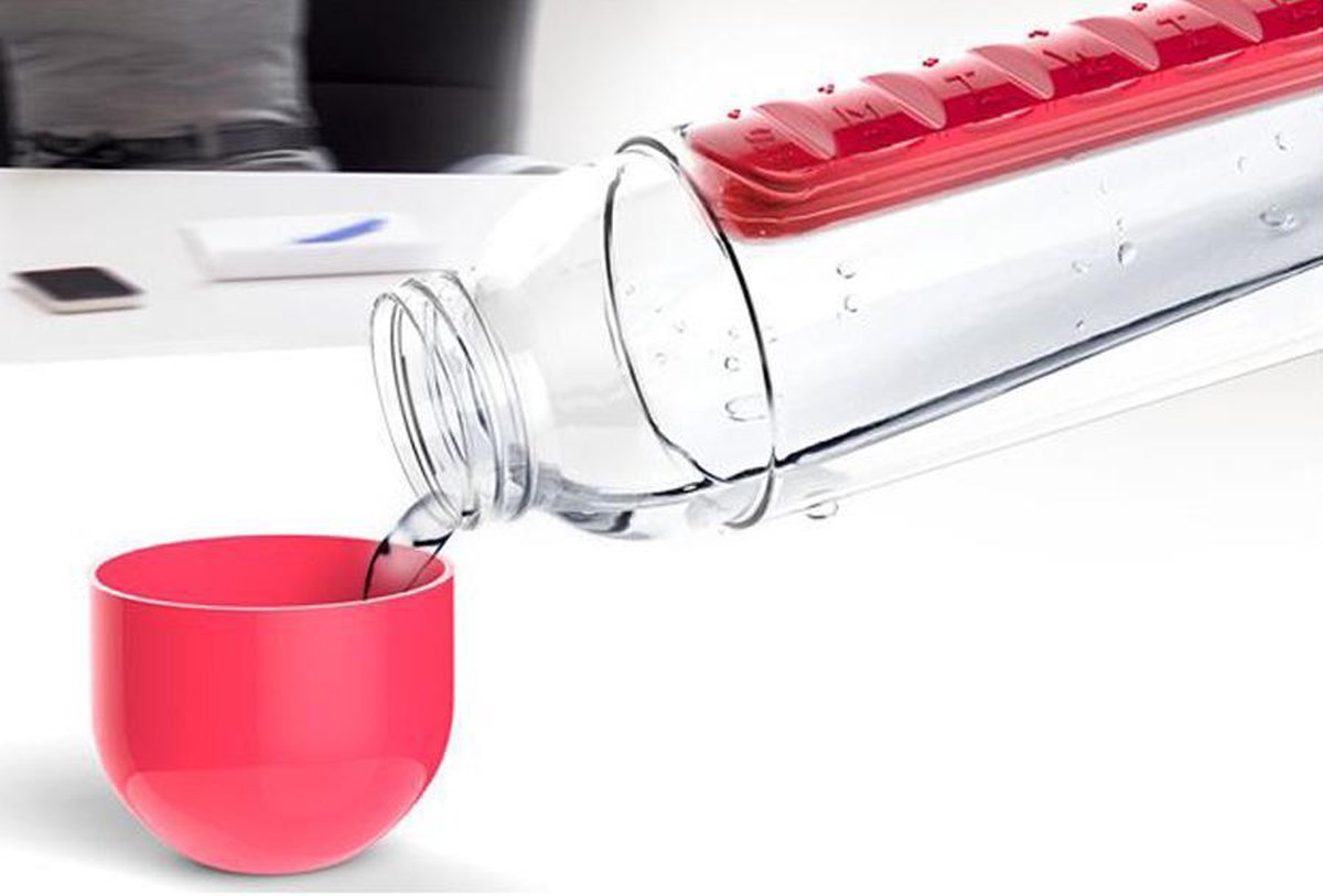 Waterfles met Uitneembaar Pillendoosje – 600 ml – Rood – Vaatwasser bestendig
