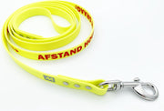 Miqdi BioThane hondenriem – neon geel – 19 mm breed - 2 meter lang - met tekst: Aaien? Eerst vragen!
