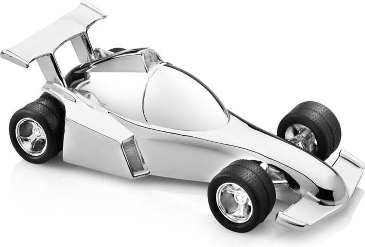 Zilverstad spaarpot raceauto met NAAMGRAVURE