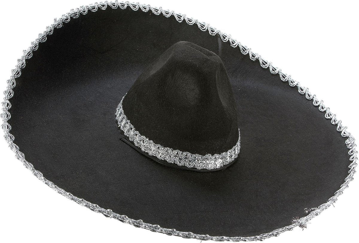 WELLY INTERNATIONAL - Zwarte sombrero hoed met zilveren rand volwassenen - Hoeden > Overige