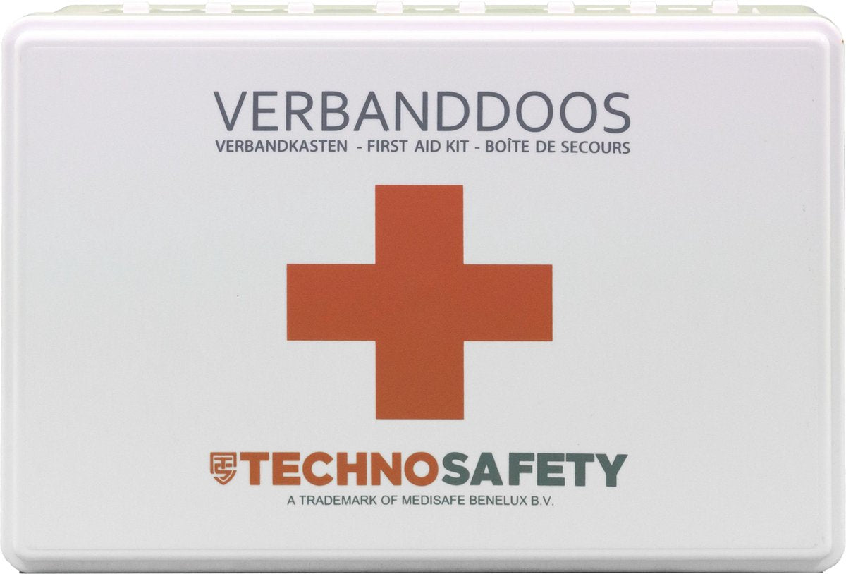 Technosafety Verbanddoos + Wandhouder - EHBO Set - Internationaal Goedgekeurd - Verbandkast - First Aid Kit