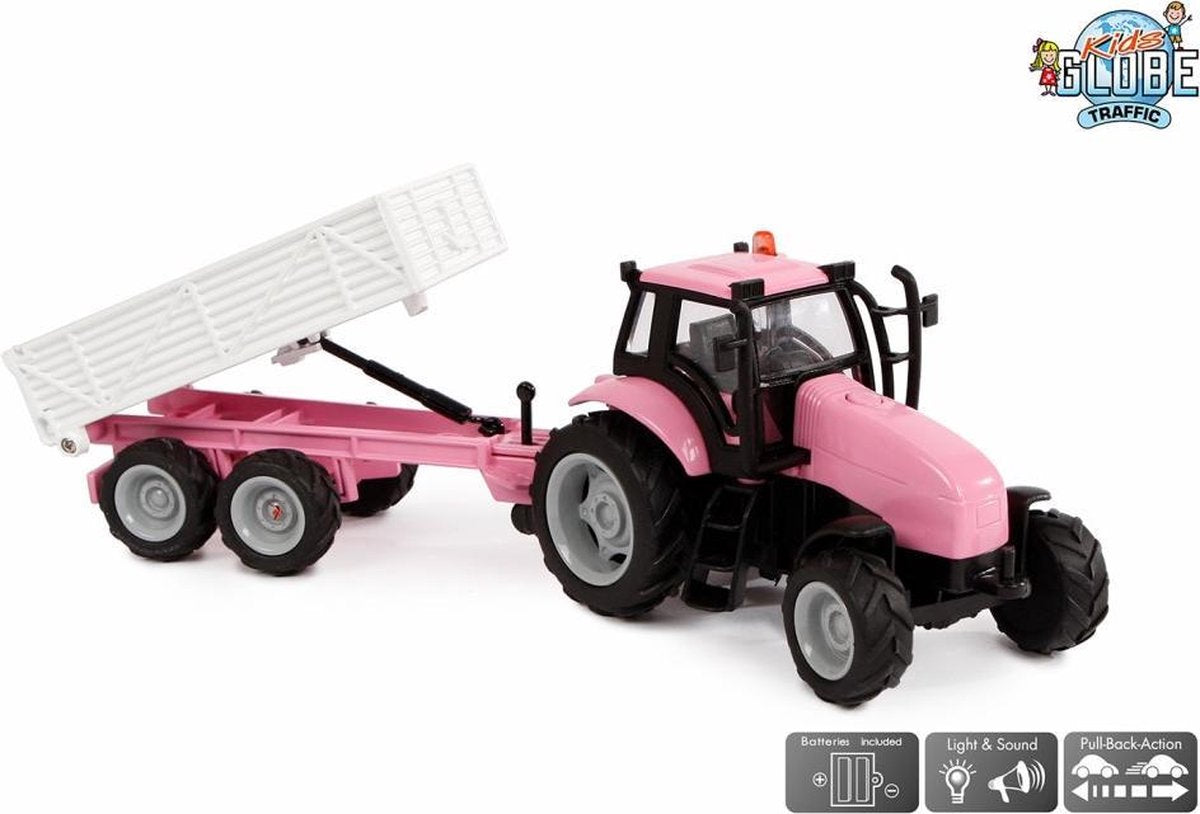 Auto pb Kids Globe tractor roze met aanhanger + licht/geluid: 25 cm