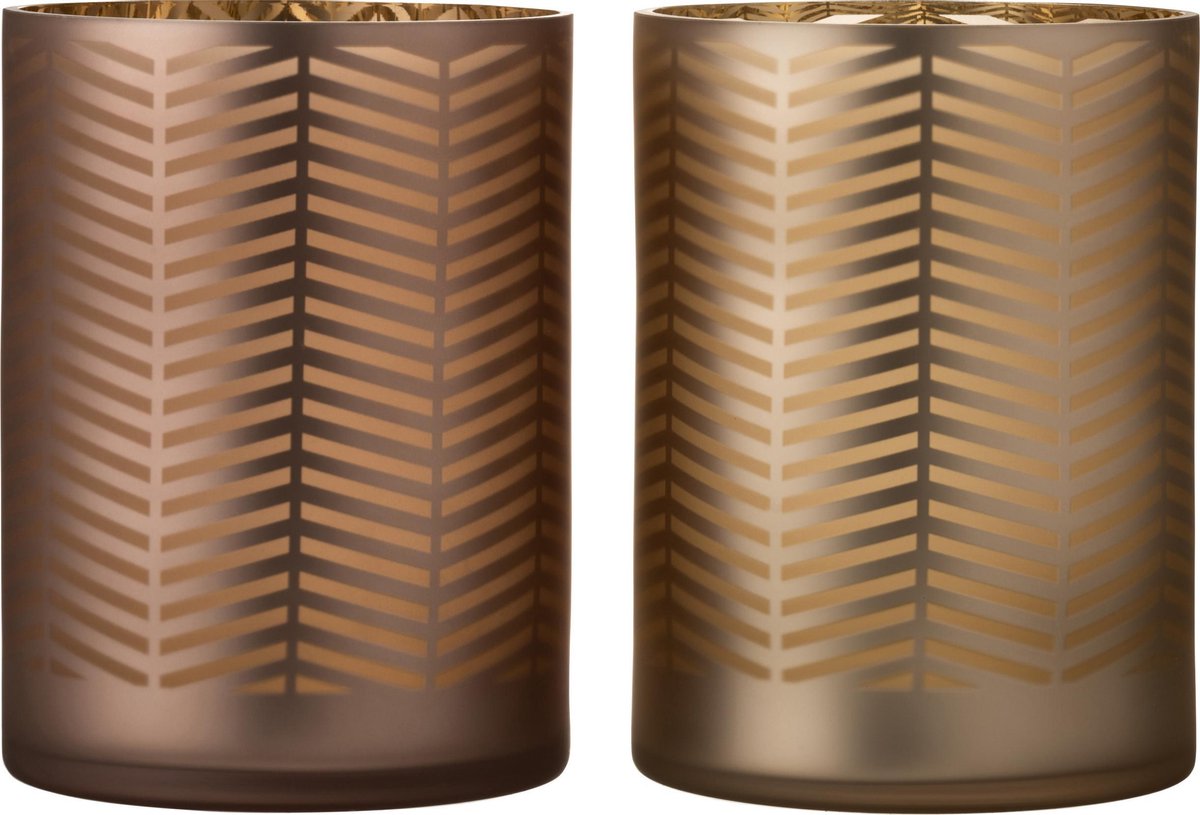 J-Line Windlicht Zigzag Glas Goud/Bruin Assortiment Van 2