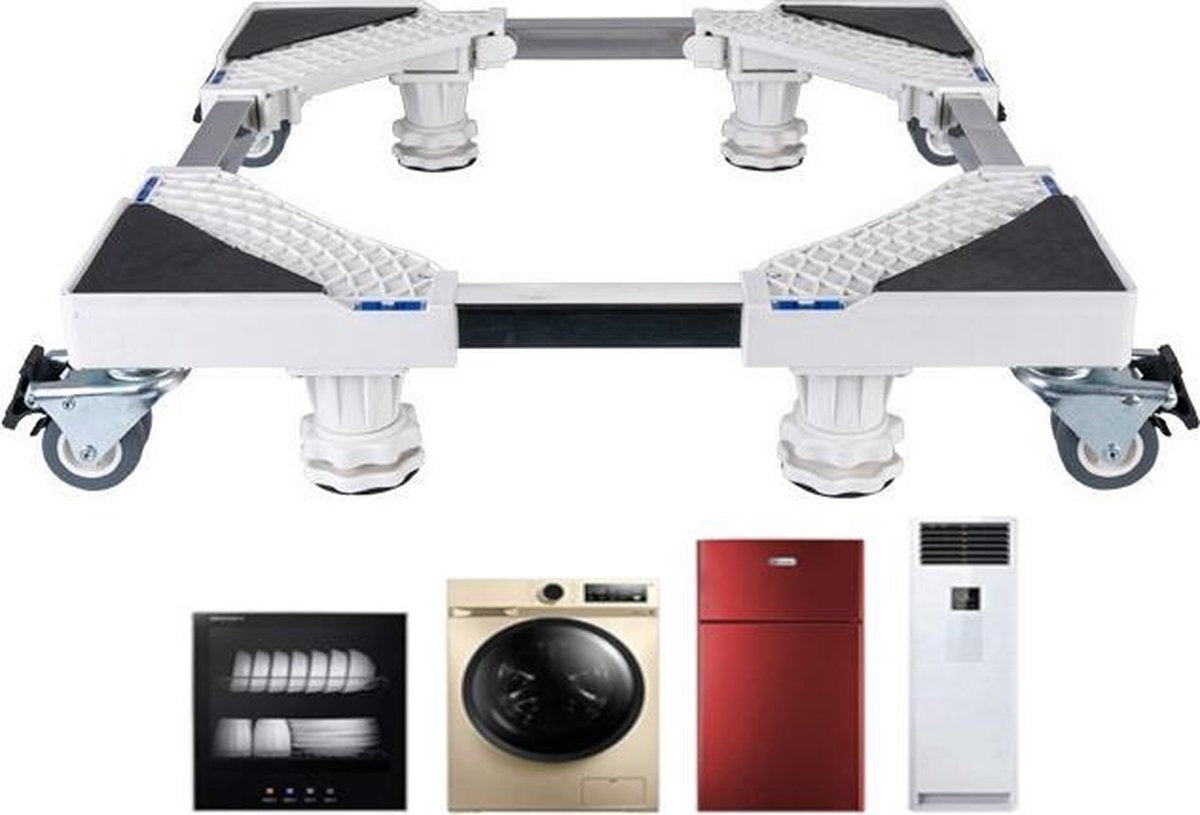 Verstelbare wasmachine verhoger | Met wieltjes | 10 tot 15 cm hoog | 42 tot 68 cm breed | Tot 500 KG draagkracht | Incl. schokdempers