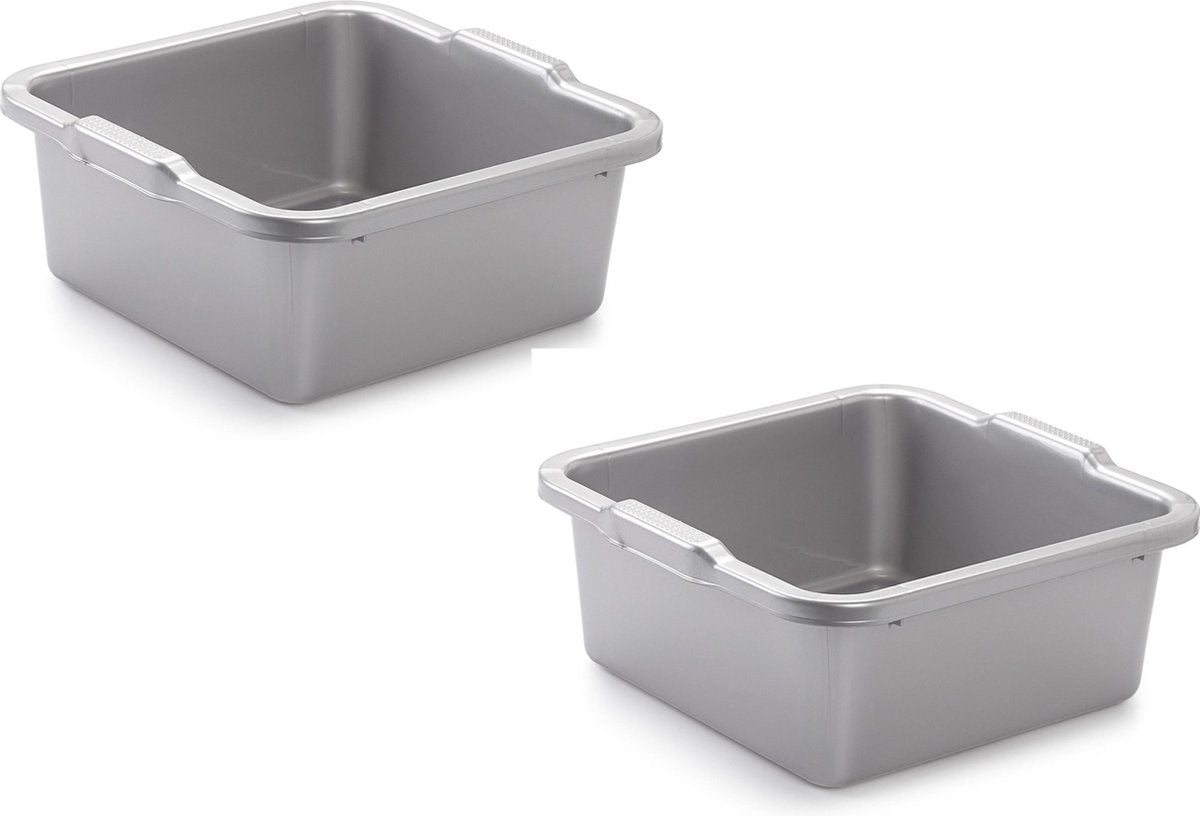 2x stuks afwasteil/afwasbak vierkant zilver 8 liter kunststof - camping/handwas - multi-functionele teiltjes
