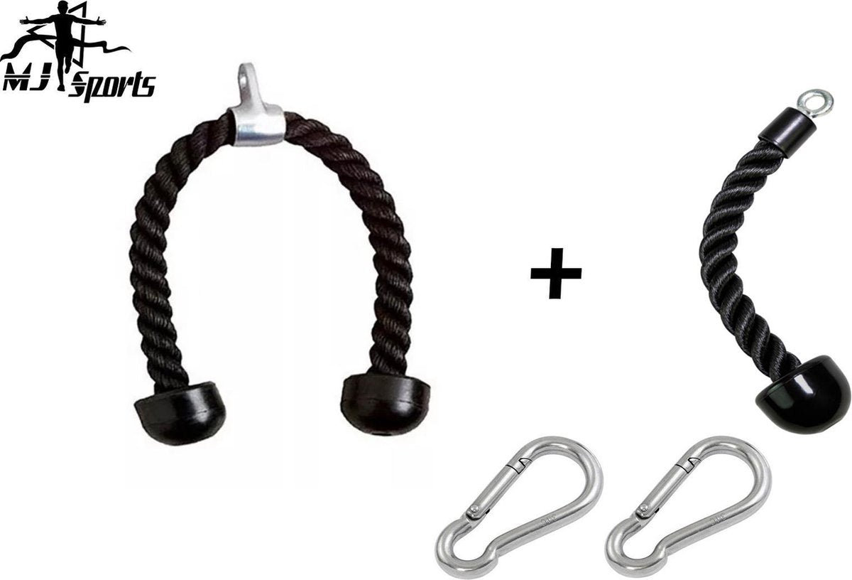 MJ Sports Premium Double Tricep Rope + Single Tricep Rope Set Inclusief 2 Karabijnhaken - Triceps Touw  - Enkel en Dubbel Hoofd - Eenzijdige - Dubbele - Bars - Fitness - Press Down - Biceps