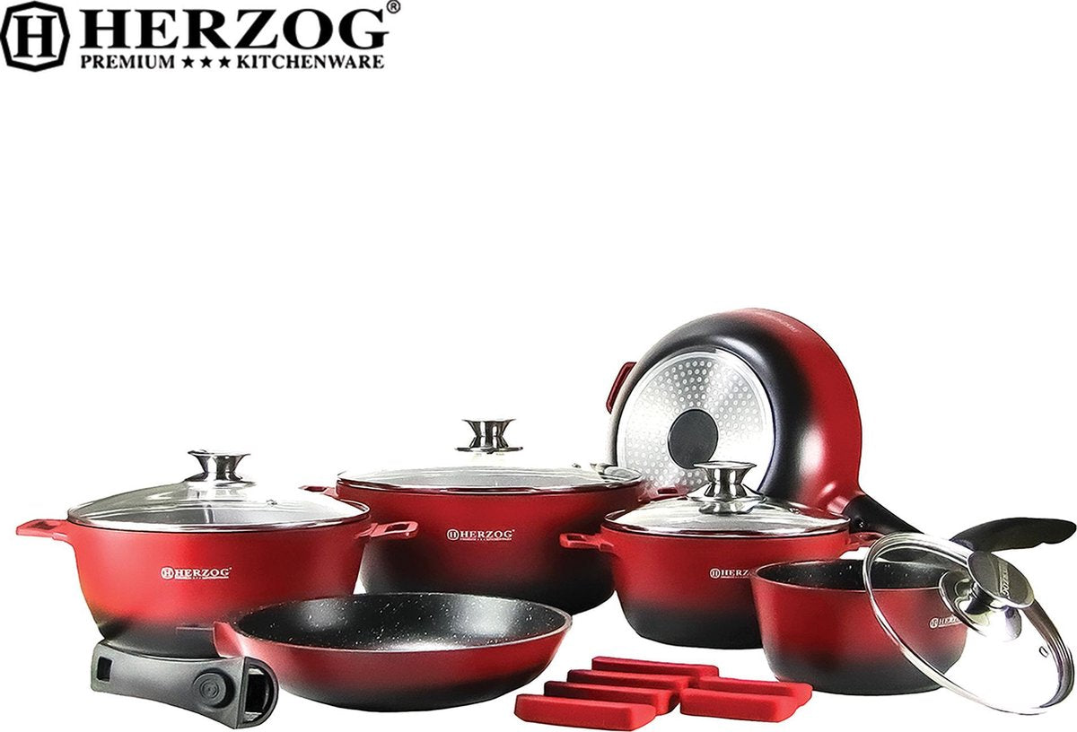 Herzog - Set Lot 16-delige Pannenset inductie - Steencoating - Pannensets - Afneembare handgreep - Glazen deksel - Geschikt voor oven - PFAS-vrij - Rood - HR-ST16M