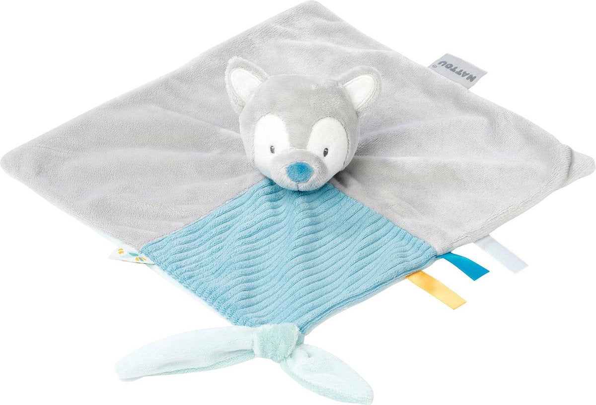Nattou Wolf Tiloo - Knuffeldoekje - Doudou - 28 x 28 Cm - Fopspeenbevestiging