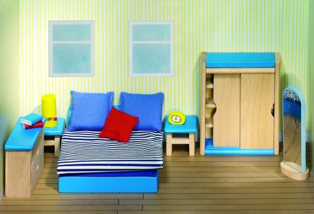 Goki Houten poppenhuis moderne slaapkamer 14-delig